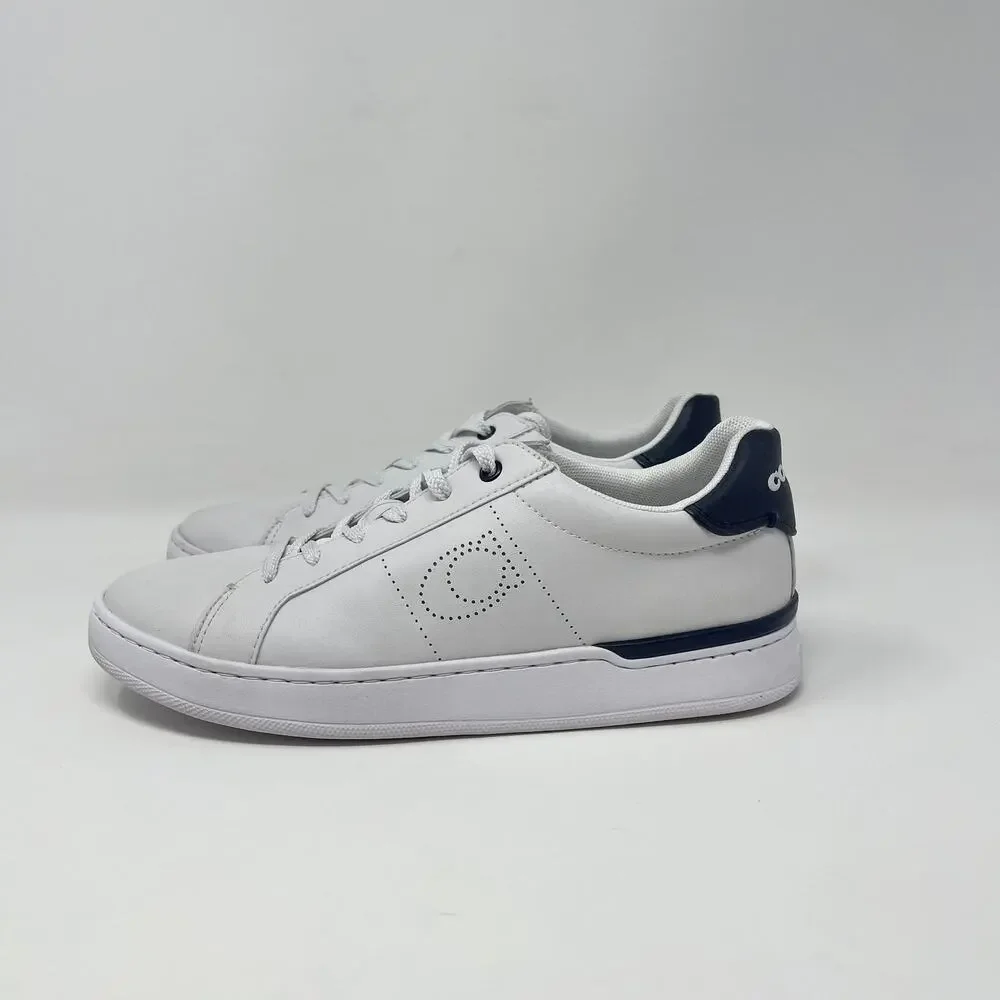 Coach Lowline Low Top Sneaker Womens 7.5B White‎ Leather Navy Accents G5040